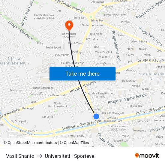 Vasil Shanto to Universiteti I Sporteve map