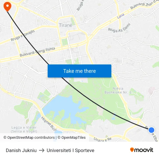 Danish Jukniu to Universiteti I Sporteve map