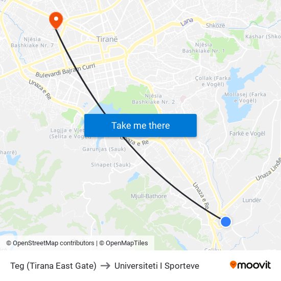 Teg (Tirana East Gate) to Universiteti I Sporteve map
