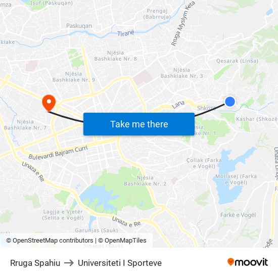 Rruga Spahiu to Universiteti I Sporteve map