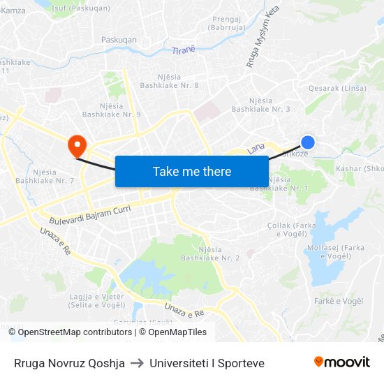 Rruga Novruz Qoshja to Universiteti I Sporteve map