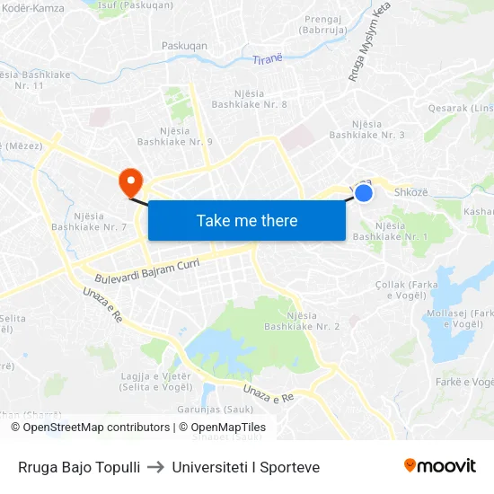 Rruga Bajo Topulli to Universiteti I Sporteve map
