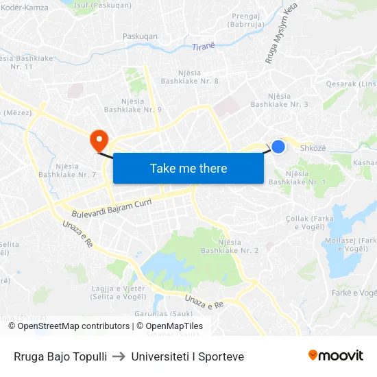 Rruga Bajo Topulli to Universiteti I Sporteve map