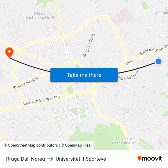 Rruga Dali Ndreu to Universiteti I Sporteve map