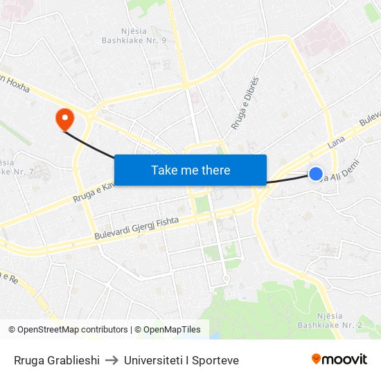 Rruga Grablieshi to Universiteti I Sporteve map