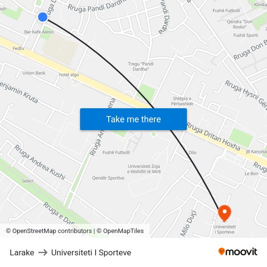 Larake to Universiteti I Sporteve map