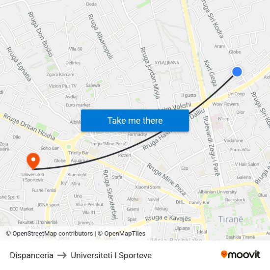 Dispanceria to Universiteti I Sporteve map