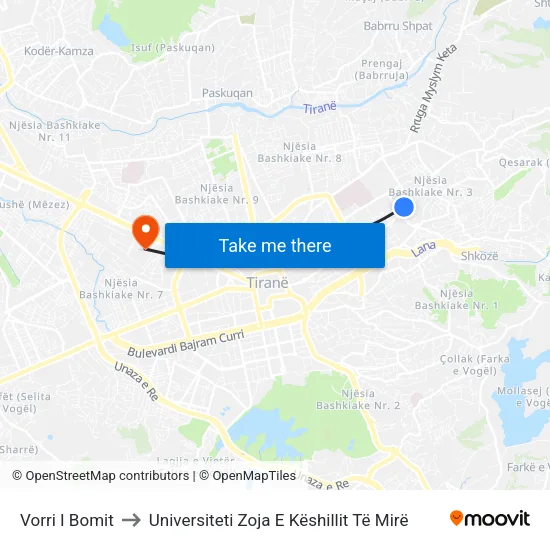 Vorri I Bomit to Universiteti Zoja E Këshillit Të Mirë map