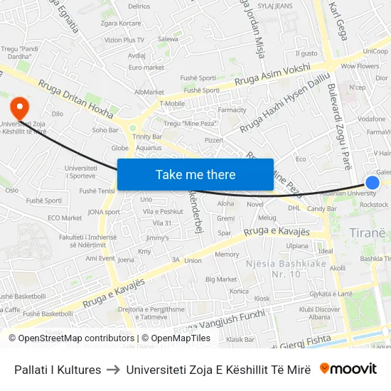 Pallati I Kultures to Universiteti Zoja E Këshillit Të Mirë map