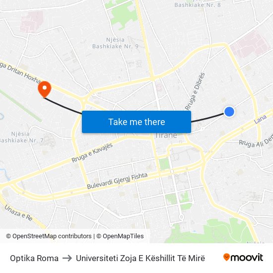 Optika Roma to Universiteti Zoja E Këshillit Të Mirë map