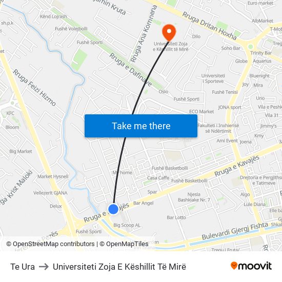 Te Ura to Universiteti Zoja E Këshillit Të Mirë map