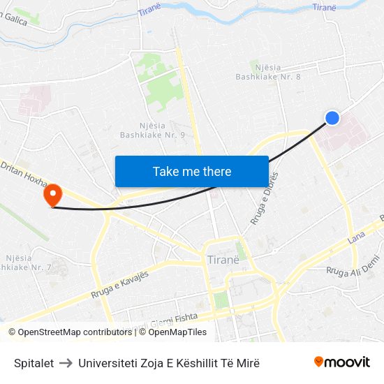 Spitalet to Universiteti Zoja E Këshillit Të Mirë map