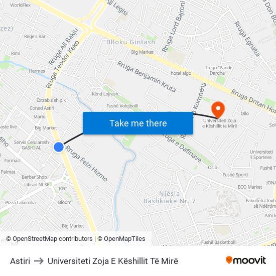 Astiri to Universiteti Zoja E Këshillit Të Mirë map