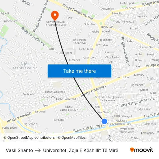 Vasil Shanto to Universiteti Zoja E Këshillit Të Mirë map