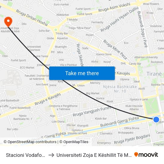 Stacioni Vodafone to Universiteti Zoja E Këshillit Të Mirë map