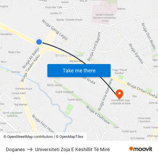Doganes to Universiteti Zoja E Këshillit Të Mirë map