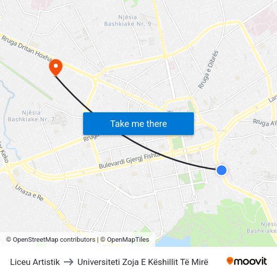 Liceu Artistik to Universiteti Zoja E Këshillit Të Mirë map