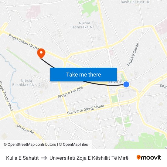 Kulla E Sahatit to Universiteti Zoja E Këshillit Të Mirë map