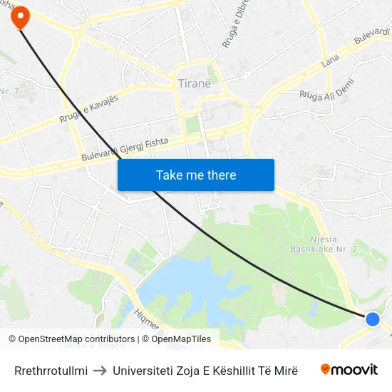 Rrethrrotullmi to Universiteti Zoja E Këshillit Të Mirë map