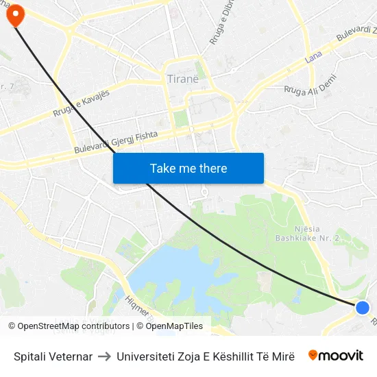 Spitali Veternar to Universiteti Zoja E Këshillit Të Mirë map