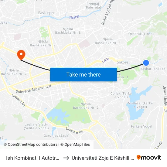 Ish Kombinati I Autotraktoreve to Universiteti Zoja E Këshillit Të Mirë map
