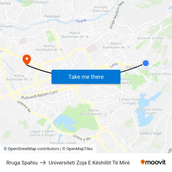 Rruga Spahiu to Universiteti Zoja E Këshillit Të Mirë map