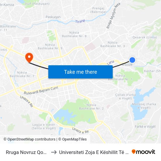 Rruga Novruz Qoshja to Universiteti Zoja E Këshillit Të Mirë map