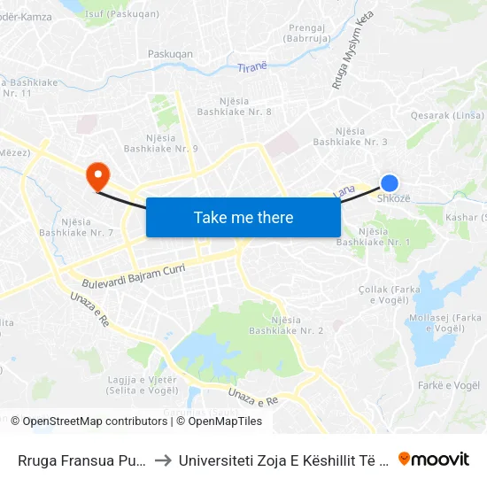Rruga Fransua Pukvil to Universiteti Zoja E Këshillit Të Mirë map