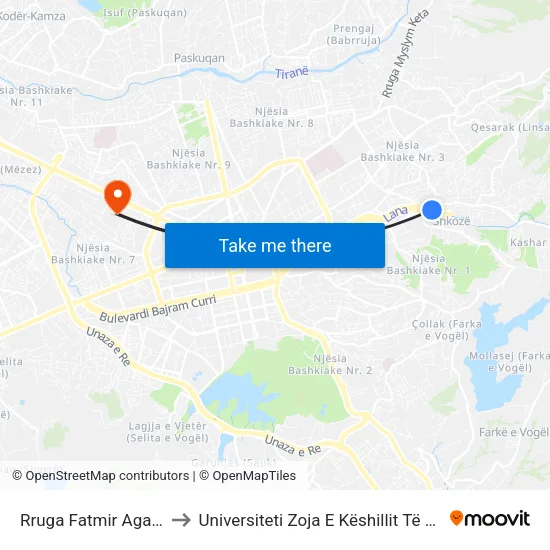 Rruga Fatmir Agalliu to Universiteti Zoja E Këshillit Të Mirë map