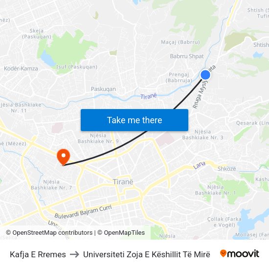 Kafja E Rremes to Universiteti Zoja E Këshillit Të Mirë map