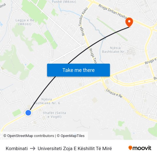 Kombinati to Universiteti Zoja E Këshillit Të Mirë map