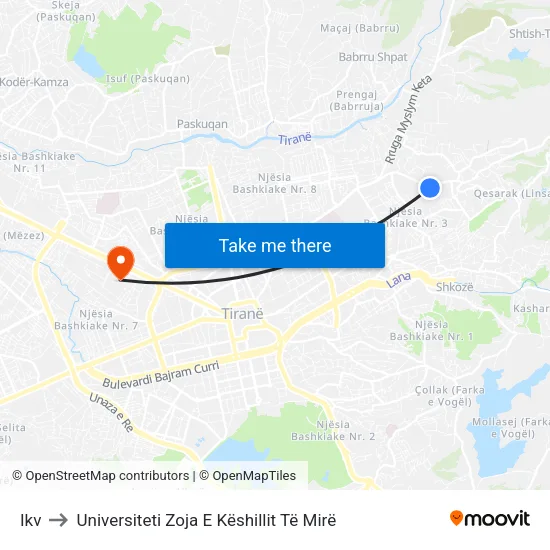 Ikv to Universiteti Zoja E Këshillit Të Mirë map