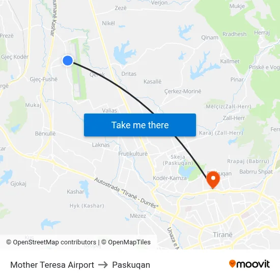 Mother Teresa Airport to Paskuqan map