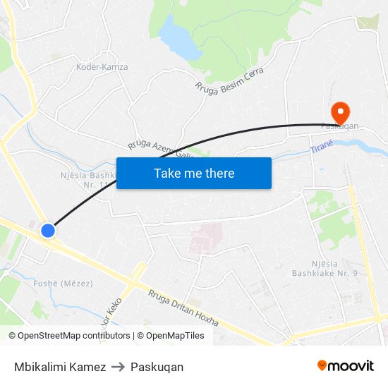 Mbikalimi Kamez to Paskuqan map