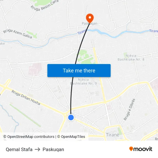 Qemal Stafa to Paskuqan map