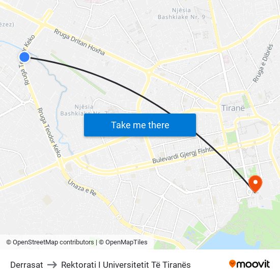 Derrasat to Rektorati I Universitetit Të Tiranës map