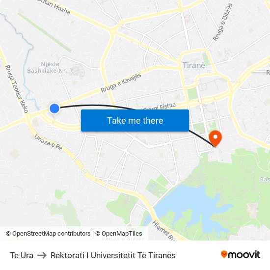 Te Ura to Rektorati I Universitetit Të Tiranës map