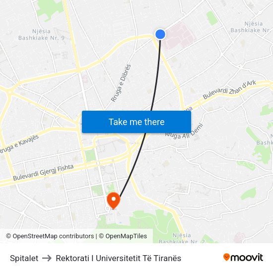 Spitalet to Rektorati I Universitetit Të Tiranës map