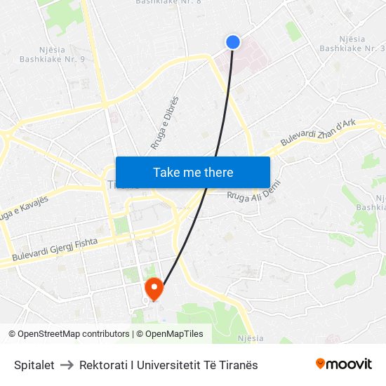 Spitalet to Rektorati I Universitetit Të Tiranës map