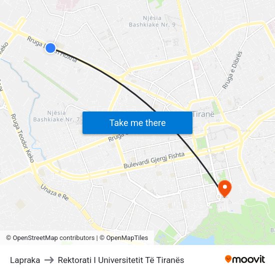 Lapraka to Rektorati I Universitetit Të Tiranës map