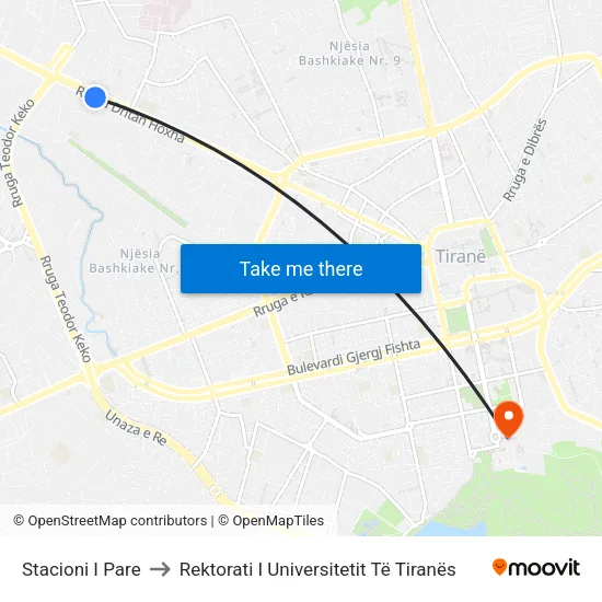 Stacioni I Pare to Rektorati I Universitetit Të Tiranës map