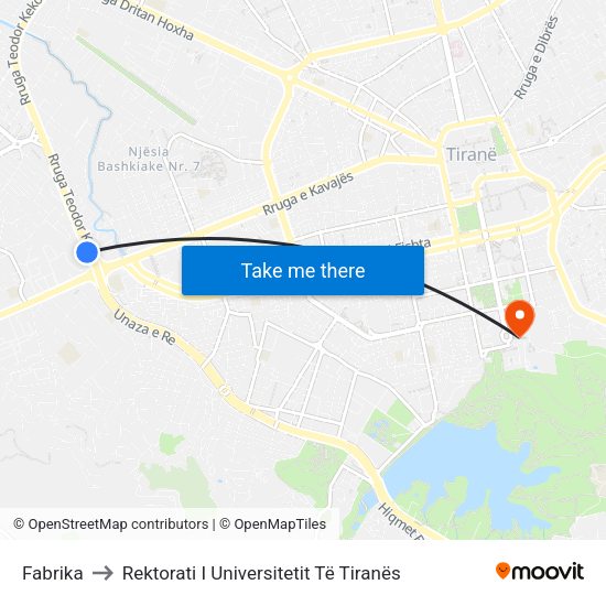 Fabrika to Rektorati I Universitetit Të Tiranës map