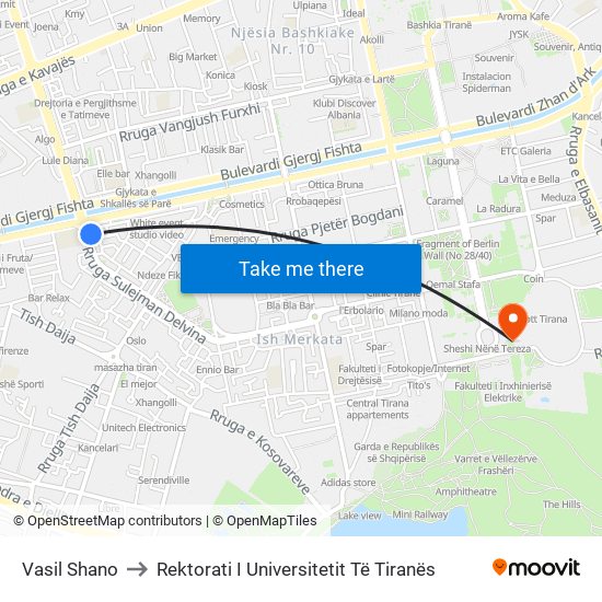 Vasil Shano to Rektorati I Universitetit Të Tiranës map