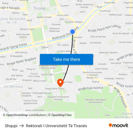 Shqupi to Rektorati I Universitetit Të Tiranës map