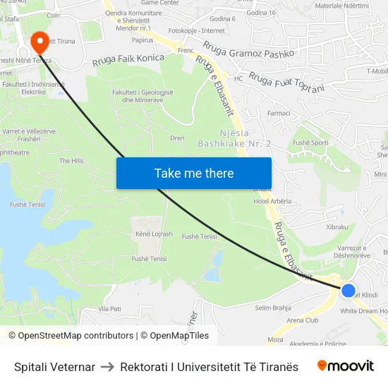Spitali Veternar to Rektorati I Universitetit Të Tiranës map