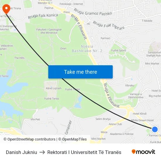Danish Jukniu to Rektorati I Universitetit Të Tiranës map