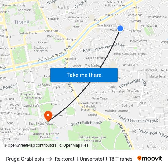 Rruga Grablieshi to Rektorati I Universitetit Të Tiranës map