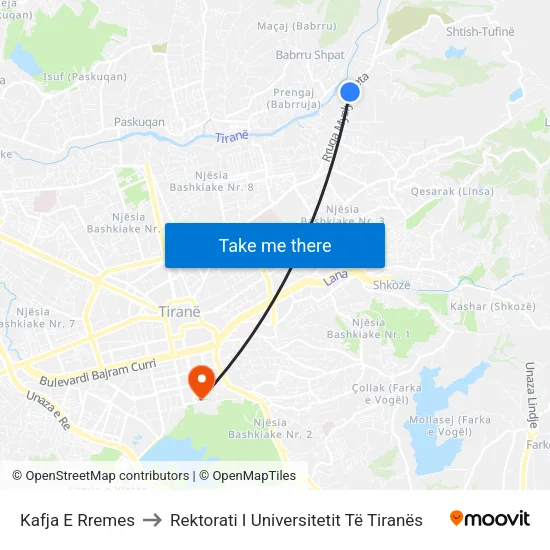 Kafja E Rremes to Rektorati I Universitetit Të Tiranës map