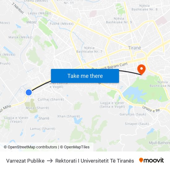 Varrezat Publike to Rektorati I Universitetit Të Tiranës map