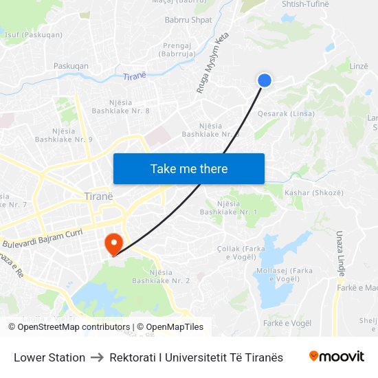 Lower Station to Rektorati I Universitetit Të Tiranës map